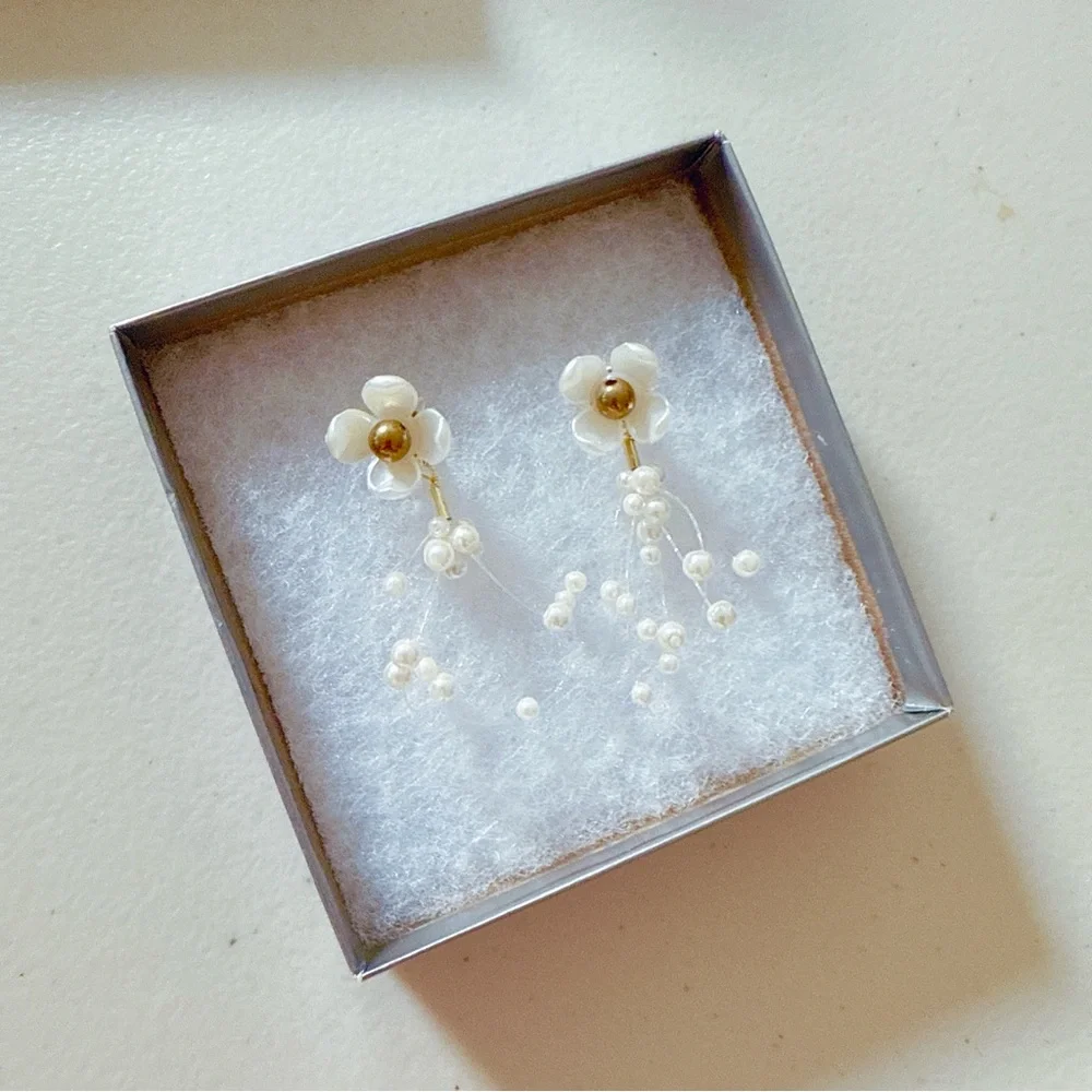 Elegant White Pearl Floral Earrings - Picture 2 of 4